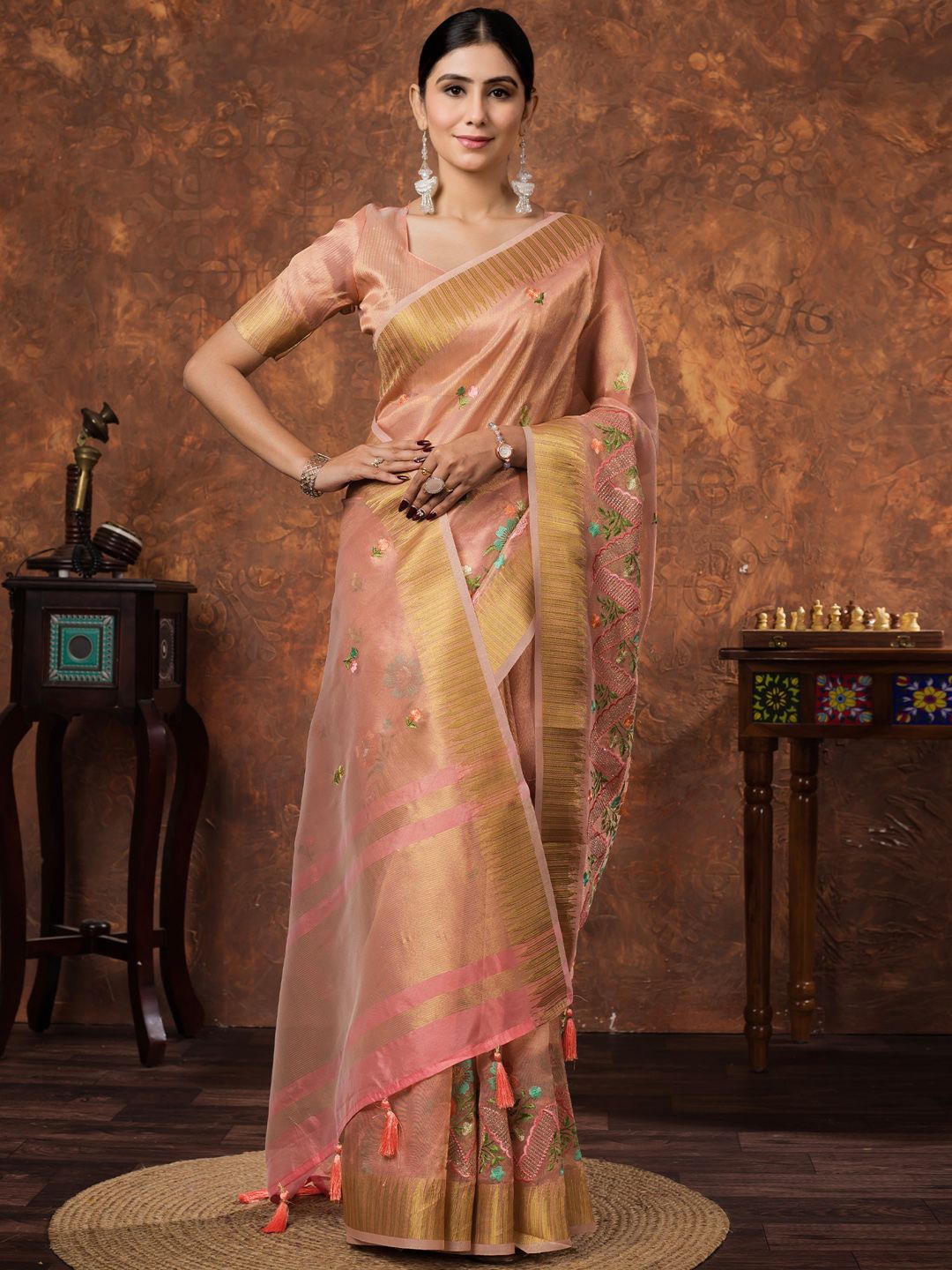 

Saree mall Woven Design Zari Sarees, Peach