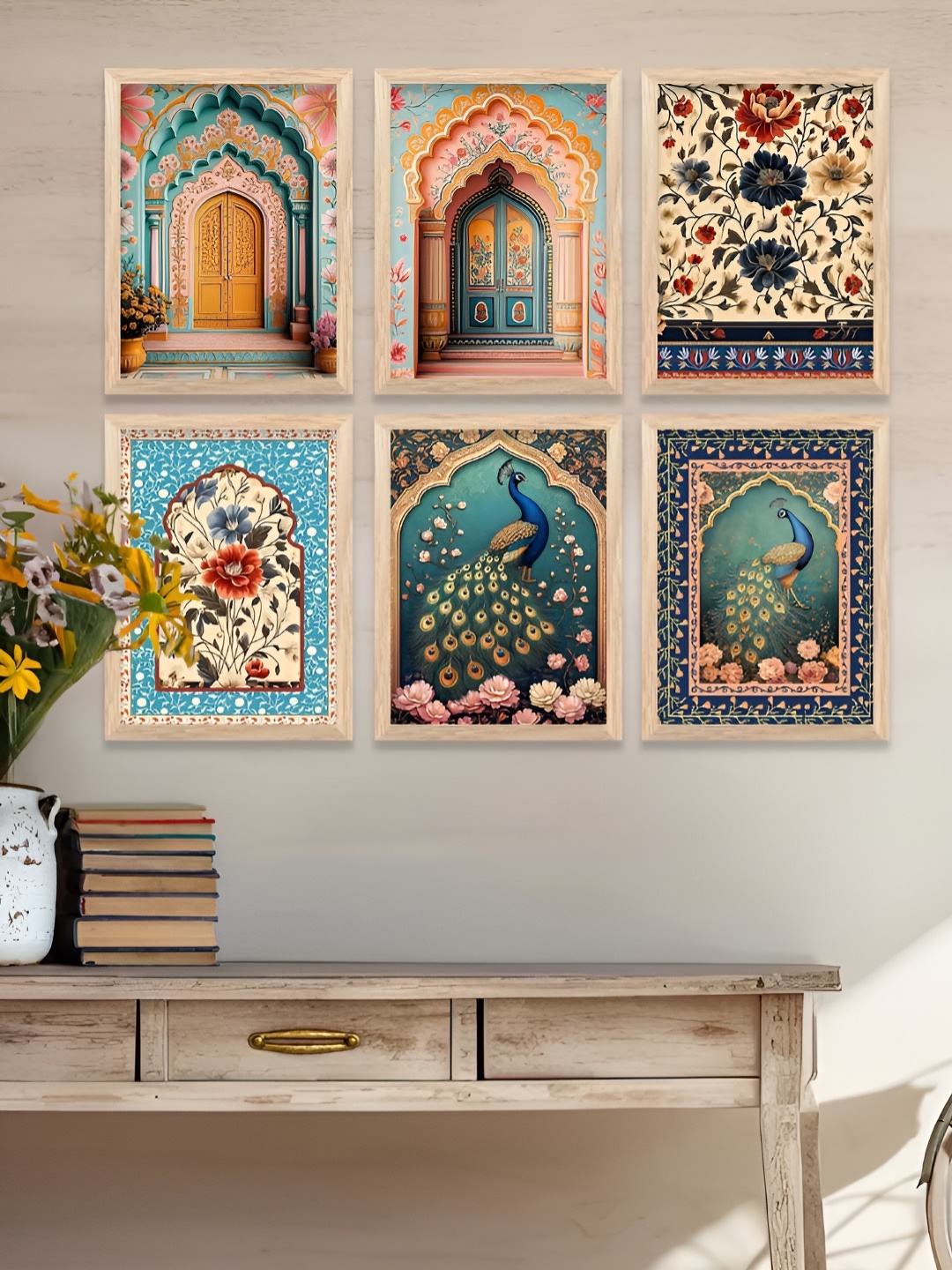 

WALLLANE Brown & Teal 6 and more Piece Wood Floral and Botanical Wall Paintings