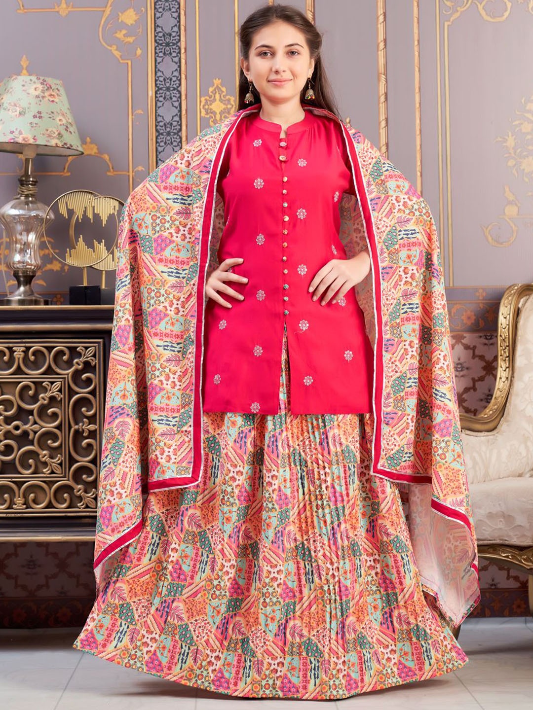 

Sangria Girls Embroidered Mandarin Collar Kurti Skirt & Dupatta Set, Pink