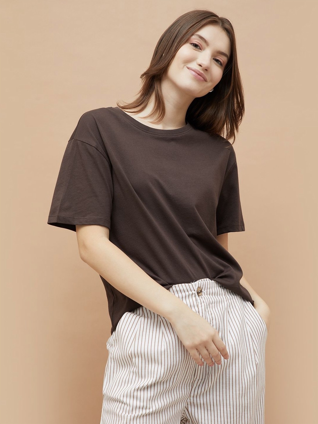 

Fame Forever by Lifestyle Women Drop-Shoulder Sleeves Pockets T-shirt, Brown