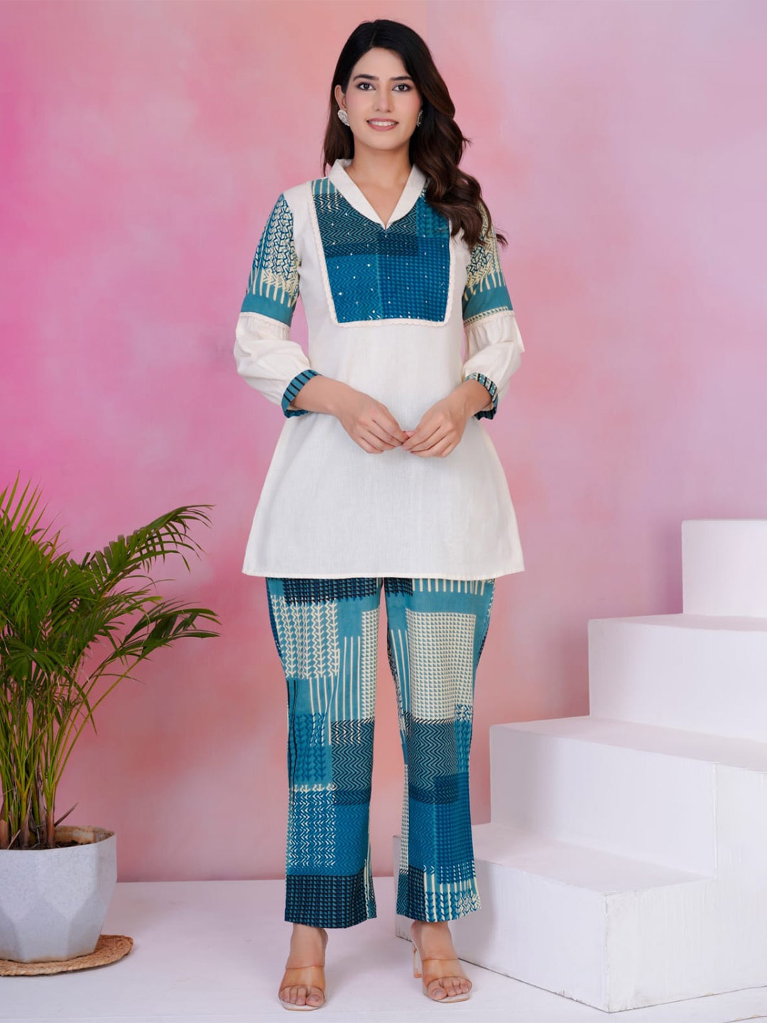 

AUTUMN LANE Rashmika Ocean Printed Pure Cotton Tunic & Trousers Co-Ords, White