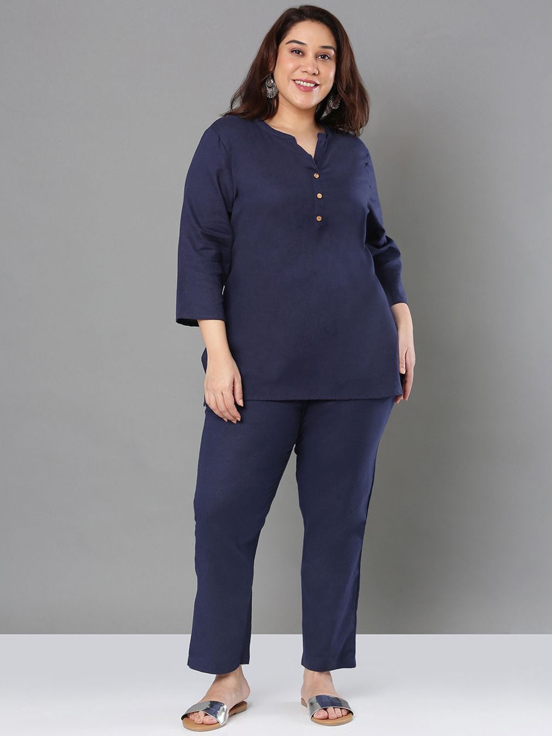 

Sztori Pure Cotton Mandarin Collar Top With Trousers Co-Ords, Navy blue