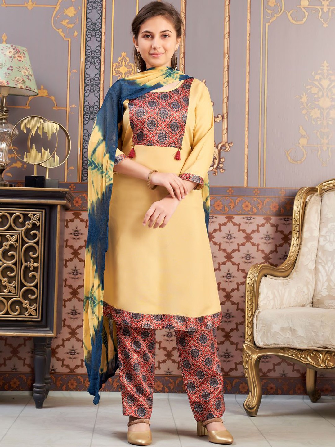 

BAESD Girls Ethnic Motifs Striped Thread Work Kurta, Beige