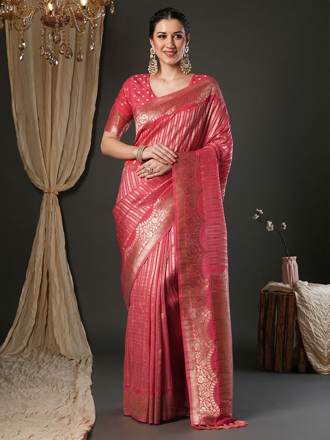 

Anouk Woven Design Zari Kanjeevaram Saree, Pink