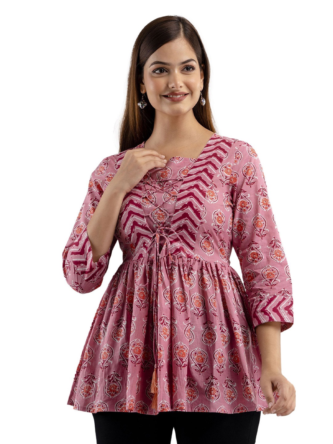 

DMP FASHION Print Cotton Peplum Top, Pink