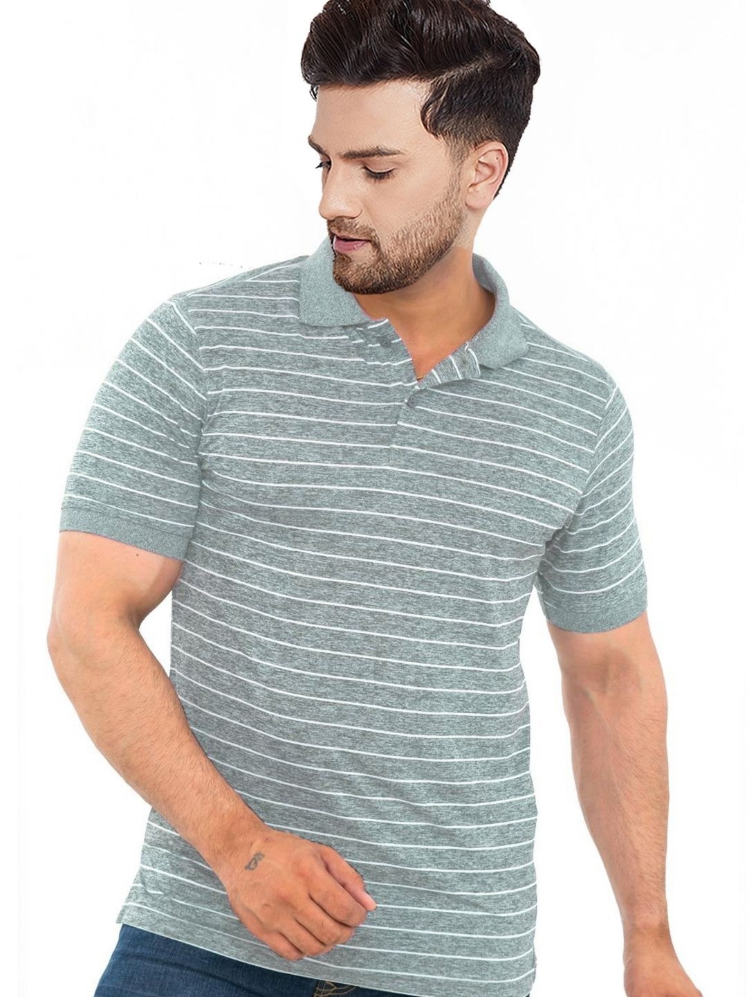 

Bishop Cotton Men Striped Polo Collar Pockets T-shirt, Grey