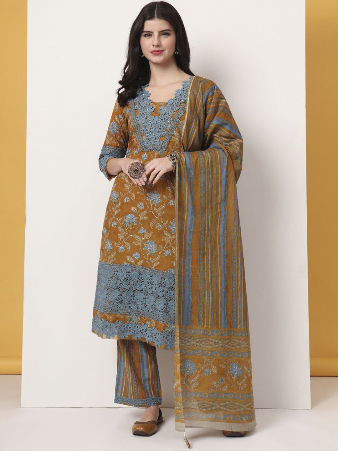 

Yufta Women Floral Printed Regular Thread Work Pure Cotton Kurta with Trousers & With Dupatta, Mustard