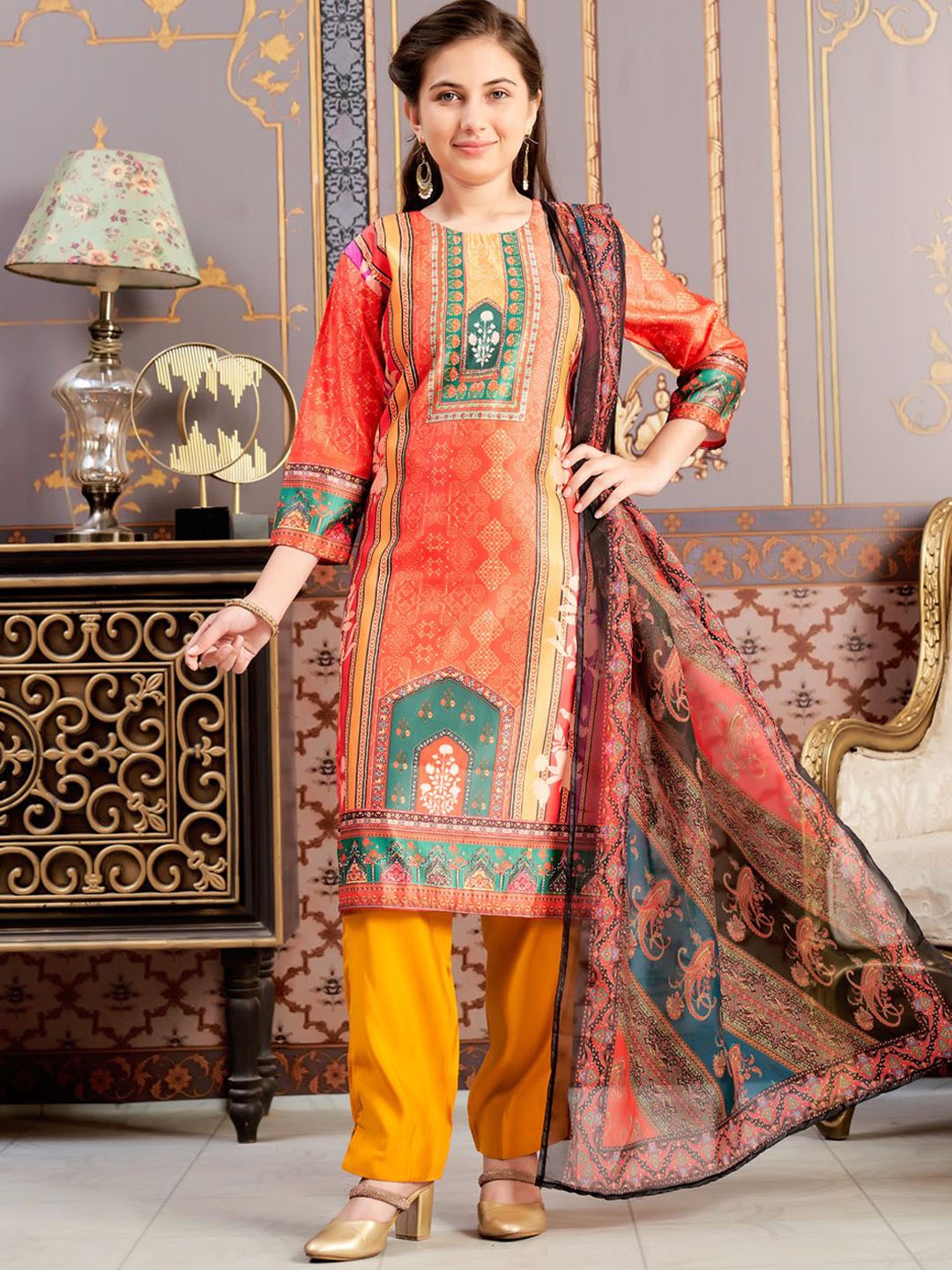 

Sangria Girls Printed Kurta Trouser With Dupatta, Orange