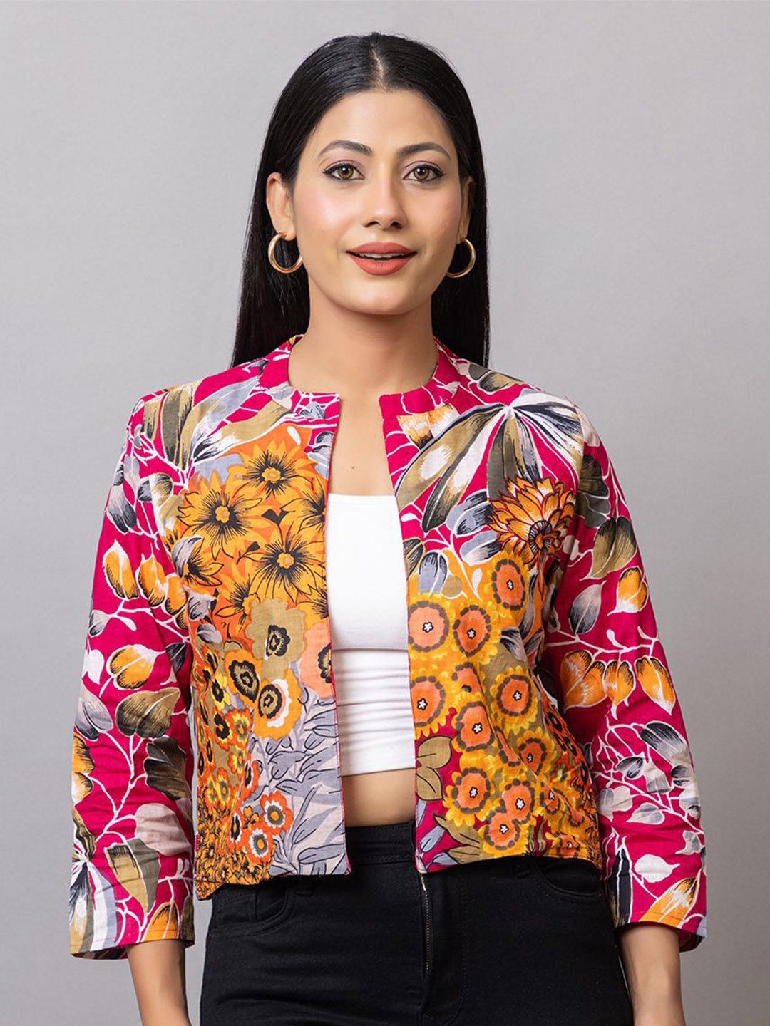 

PROBASIC Floral Print Cotton Denim Styled Back Crop Top, Multi