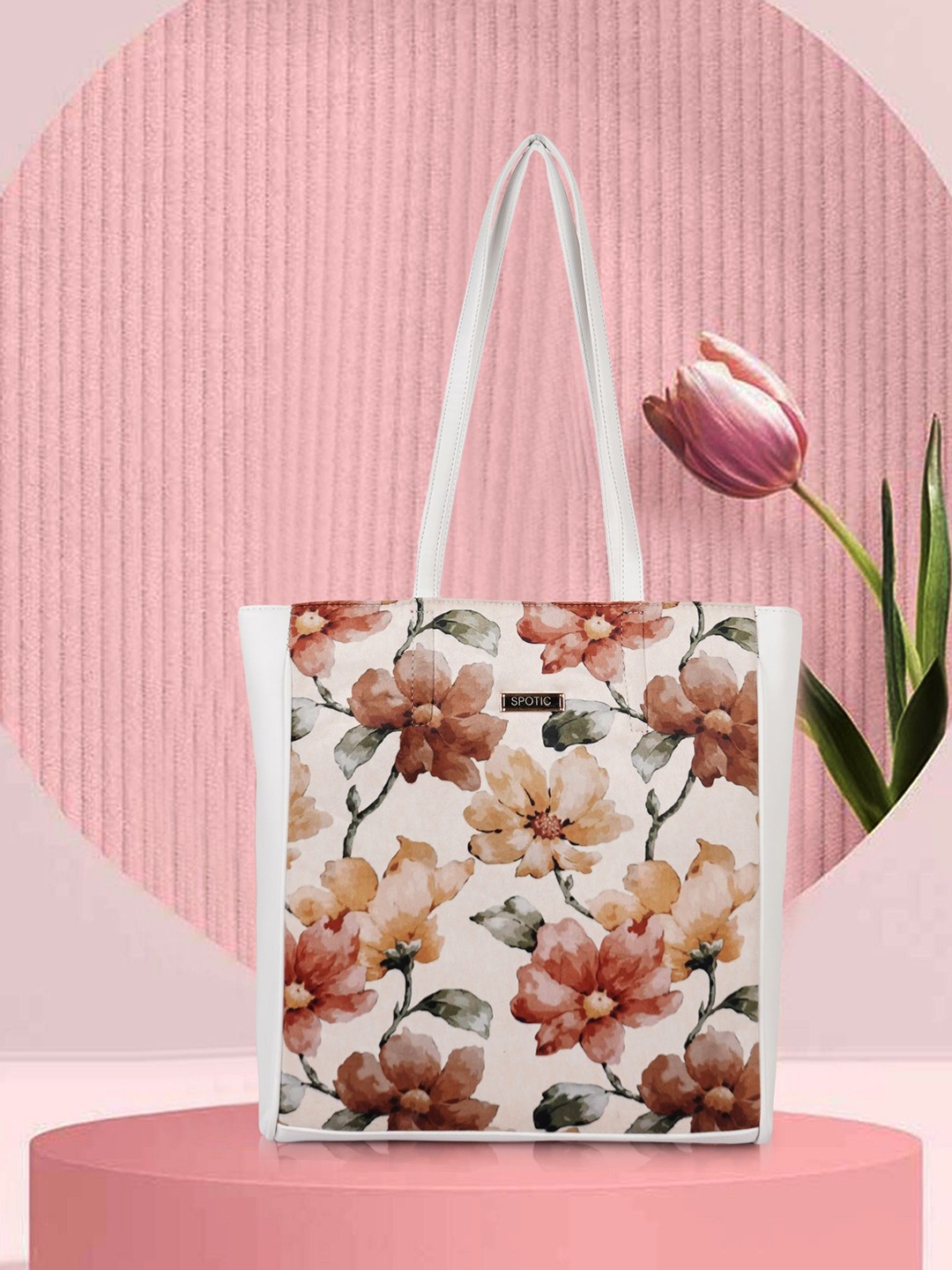 

SPOTIC Floral Shopper Tote Bag with Cut Work, White