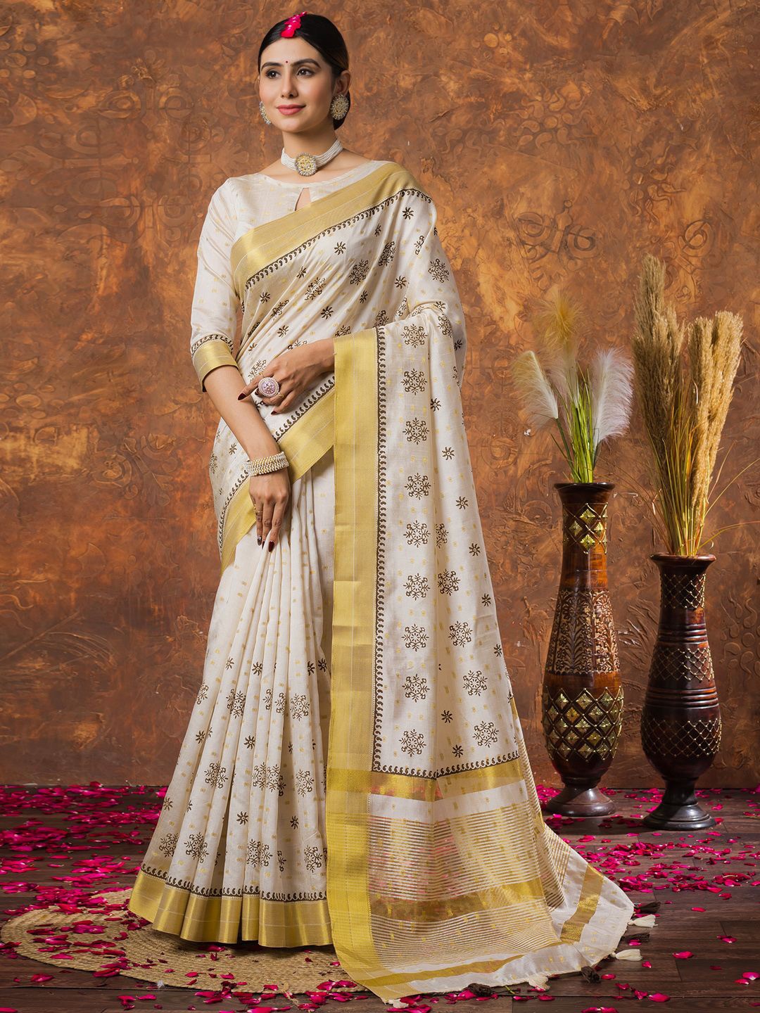 

Saree mall Woven Design Zari Linen Blend Kasavu Sarees, Cream