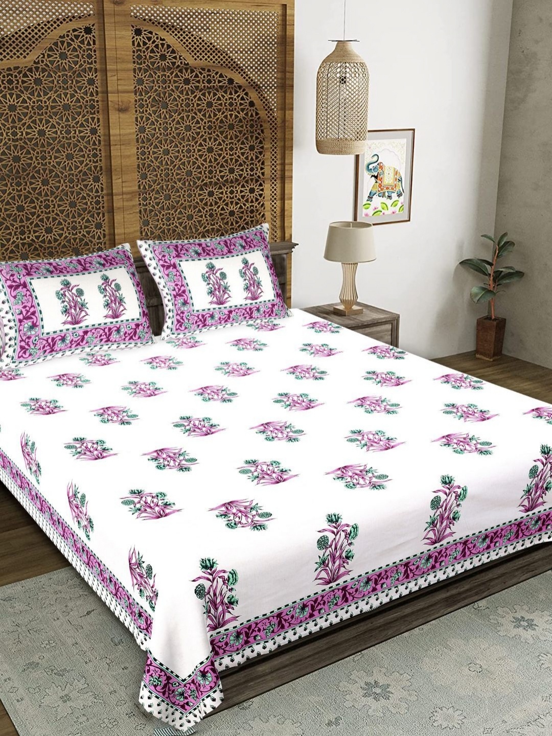 

COLOURSBLOCK White & Purple Floral 180 TC King Bedsheet with 2 Pillow Covers