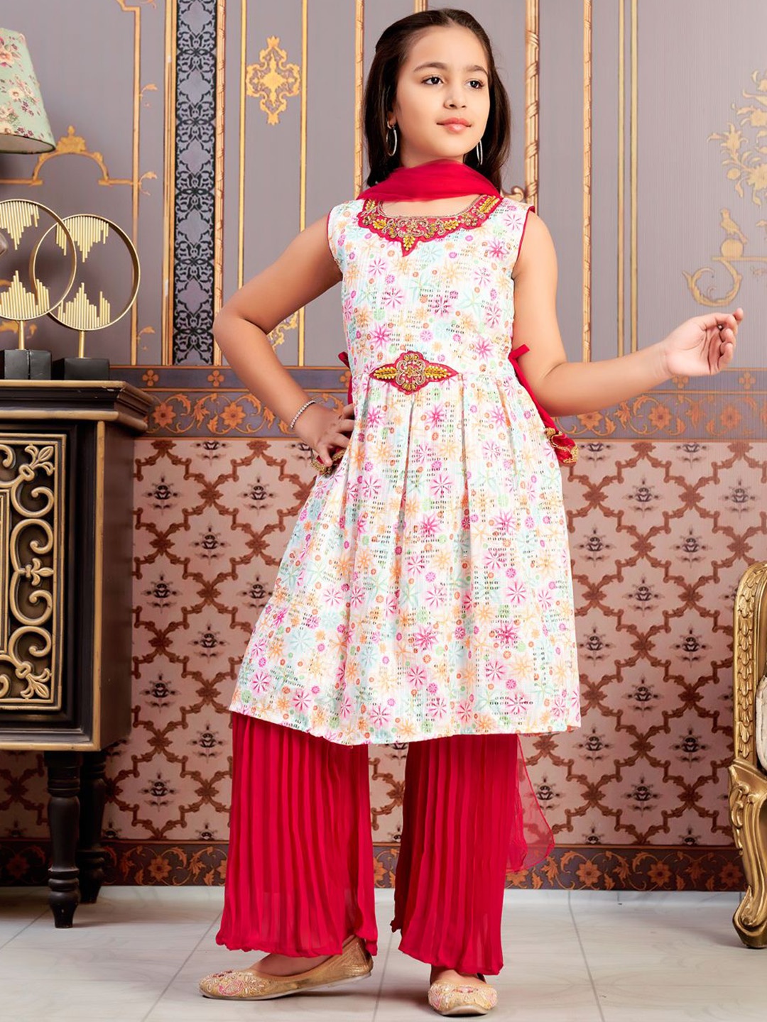 

BAESD Girls Floral Printed Kurta With Sharara And Dupatta, Pink