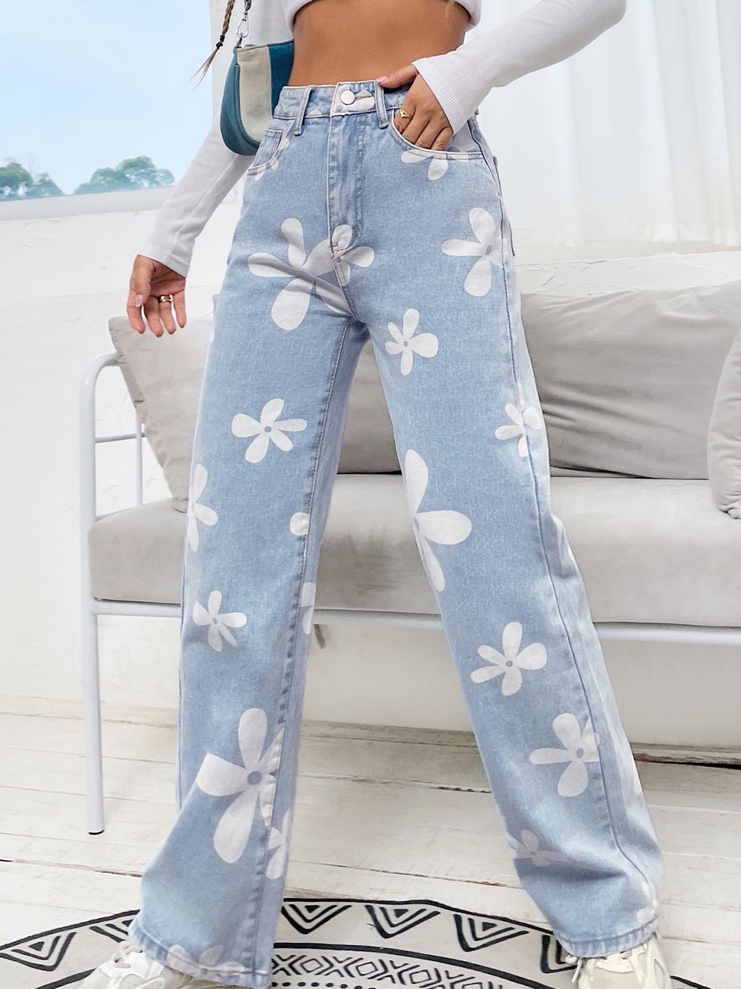 

HIGH BUY Women Loose Wide Leg High-Rise Heavy Fade Acid Wash Jeans, Blue