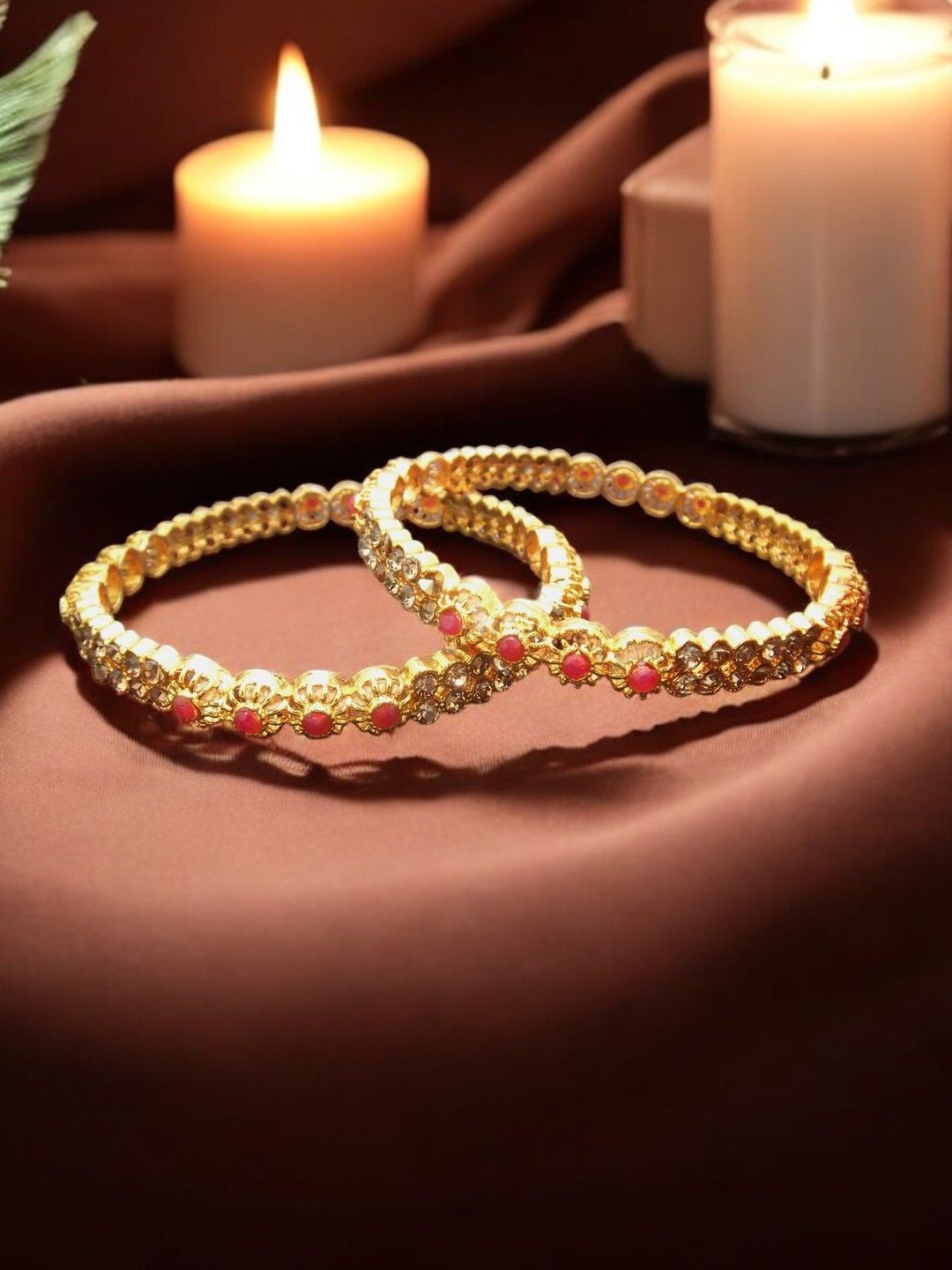 

FEMMIBELLA Set Of 2 Gold-Plated Stone Studded Bangles