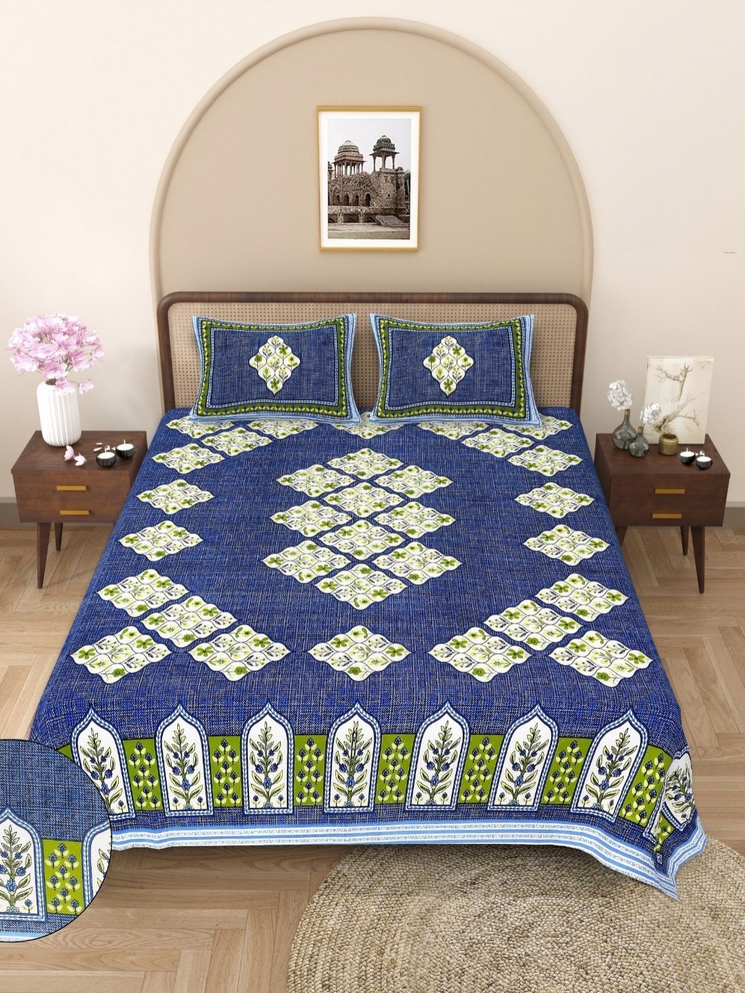 

COLOURSBLOCK Blue & Green Floral 144 TC Queen Bedsheet with 2 Pillow Covers