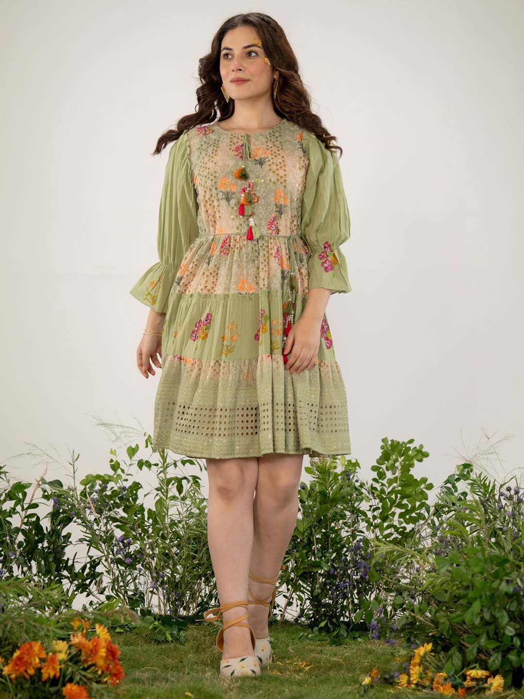 

FREYAA Floral Embroidery Cotton A-Line Ethnic Dresses, Green