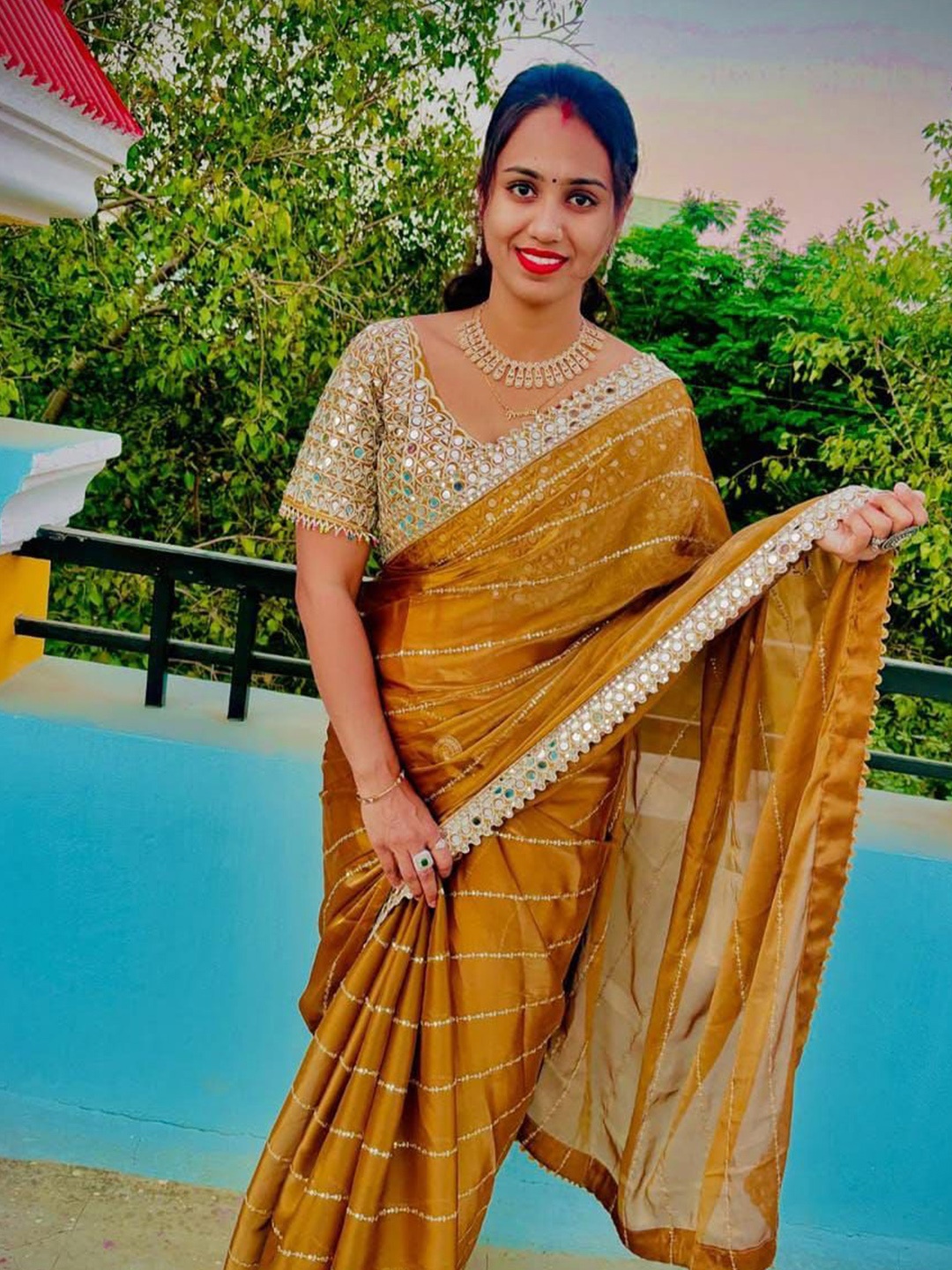 

MANSUBHA Nandaprema Striped Embroidered Mirror Work Tissue Saree, Mustard