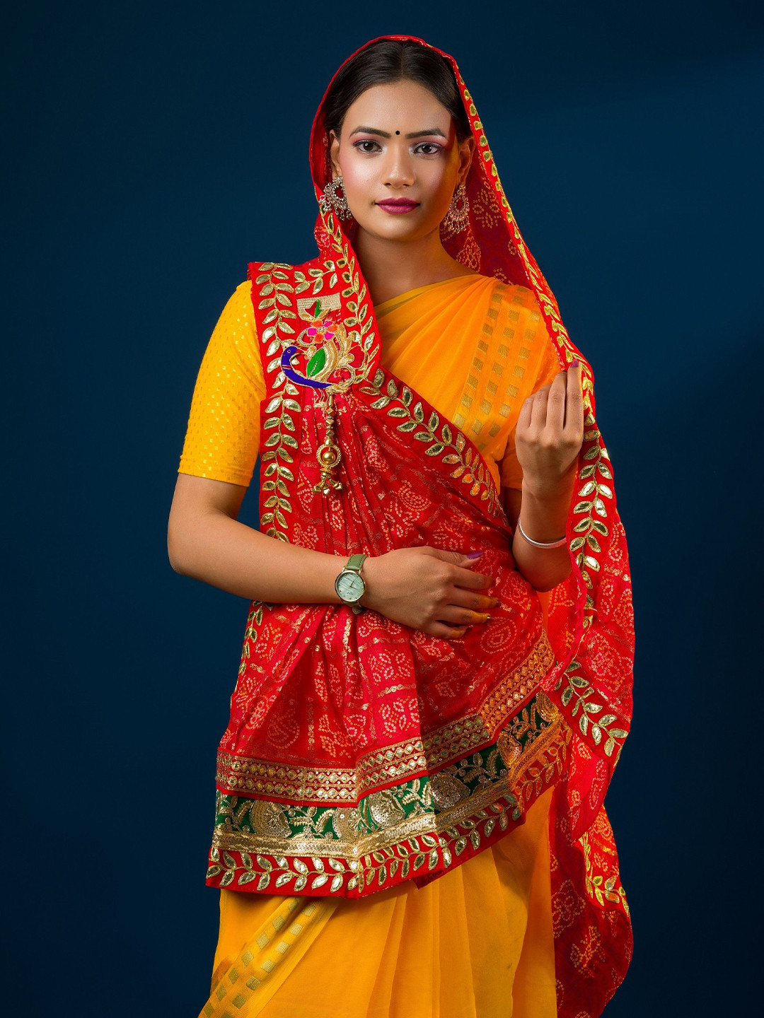 

KCPC BANDHANI Embroidered Cotton Silk Bandhani Dupatta, Red