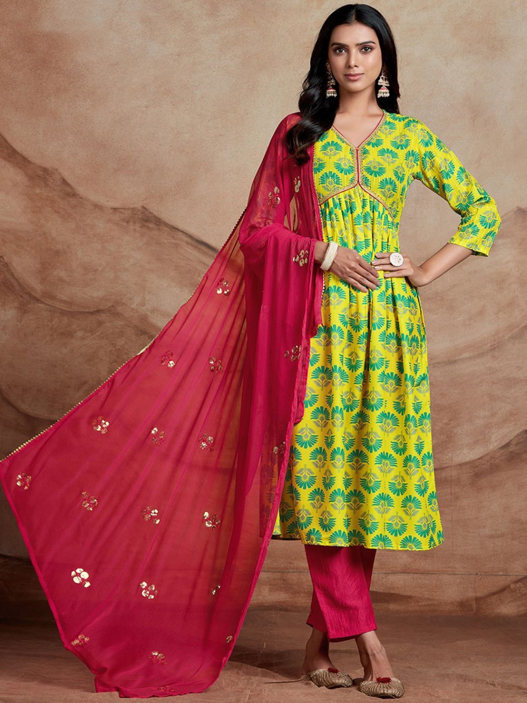

Sangria Floral Printed Lace Work A-Line Kurta & Trousers With Dupatta, Yellow