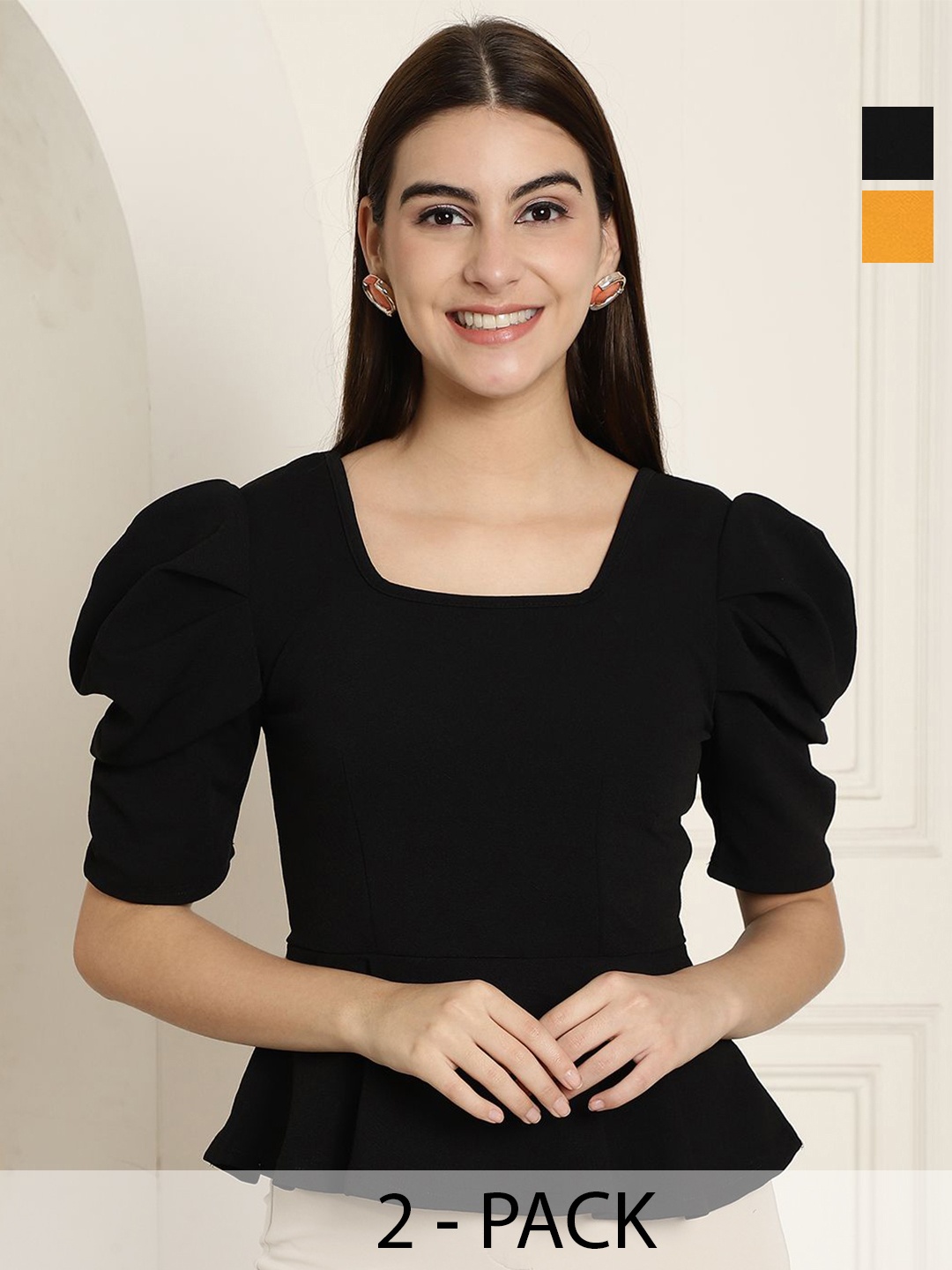 

Tromko Women Pack Of 2 Puff Sleeve Top, Black