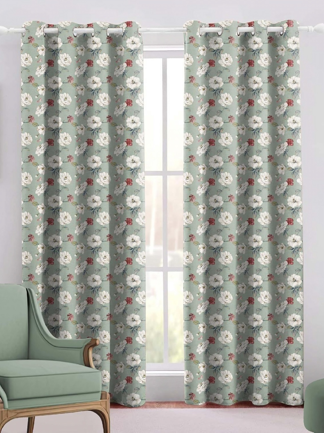 

Trance Home Linen Green & White Set of 2 Floral Room Darkening Door Curtain