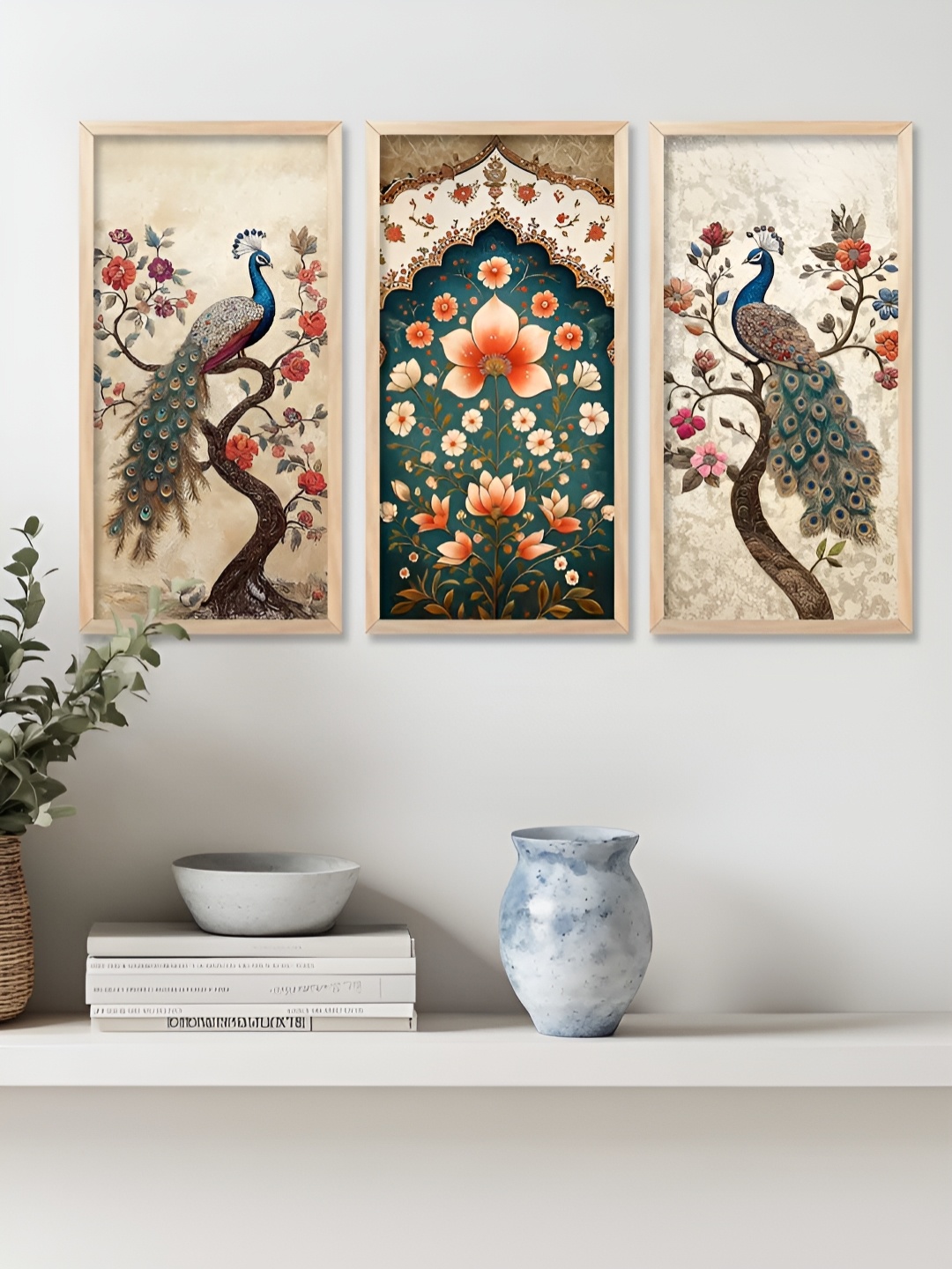 

WALLLANE Brown & Green 3 Piece Wood Abstract Wall Paintings