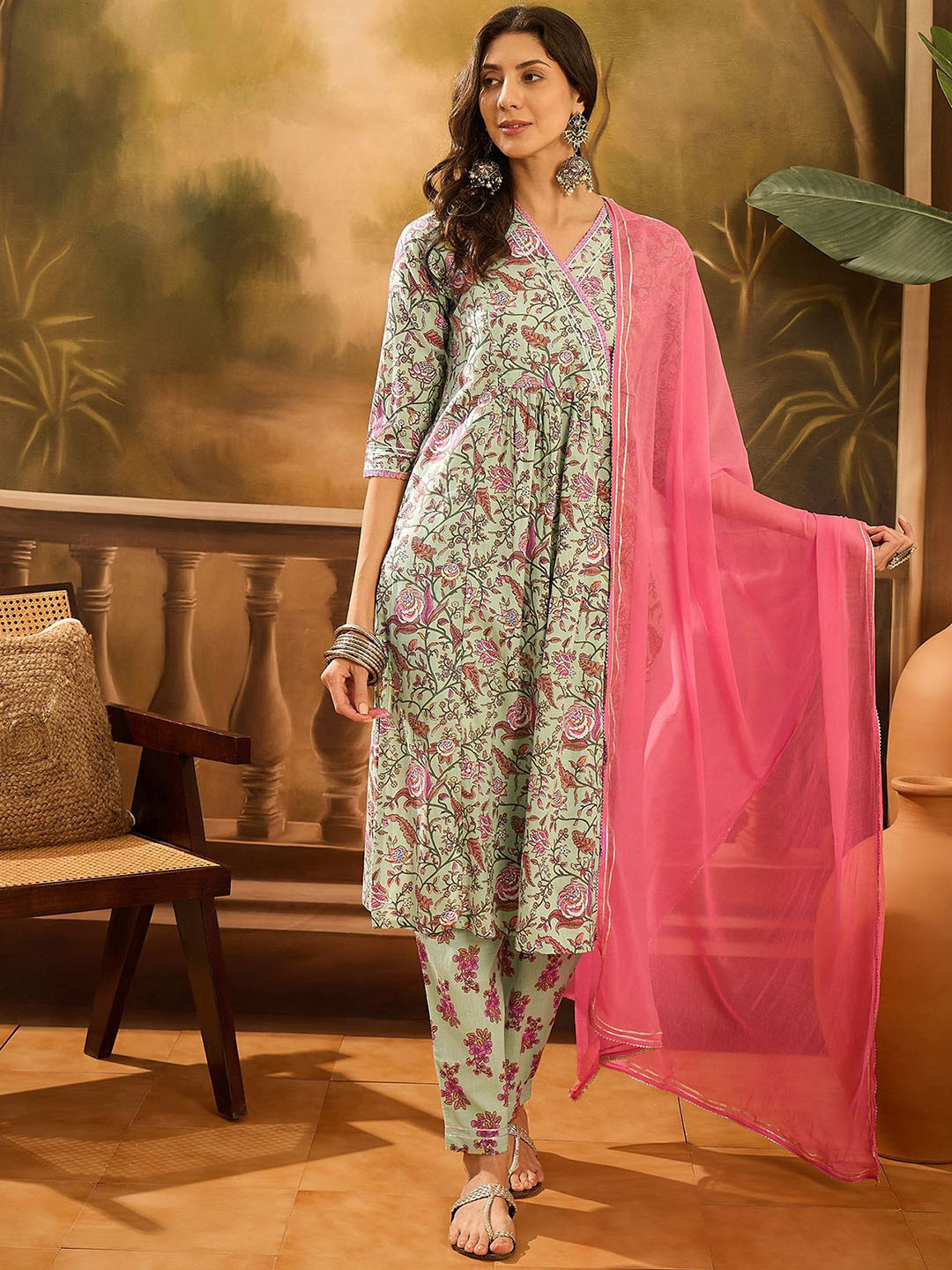 

RangDeep Floral Printed V-Neck Pleated Pure Cotton A-Line Kurta With Trouser And Dupatta, Green