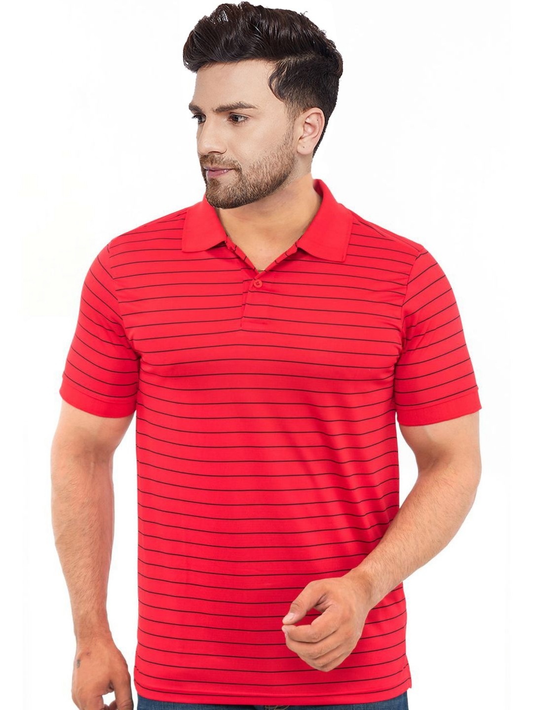 

Bishop Cotton Men Striped Polo Collar T-shirt, Red