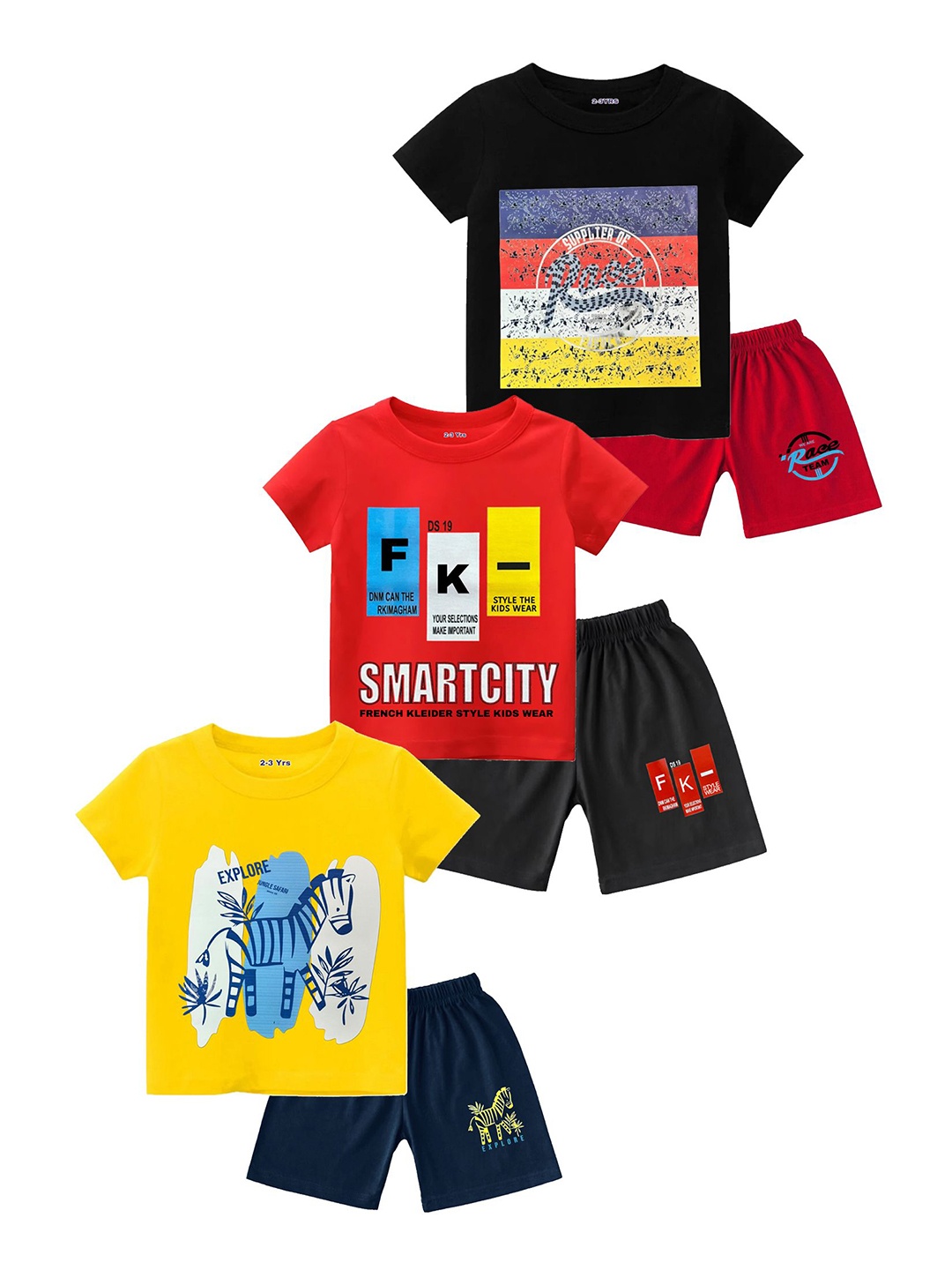 

FRENCH KLEIDER Infants Pack Of 3 Printed Round Neck Pure Cotton T-shirt With Shorts, Black