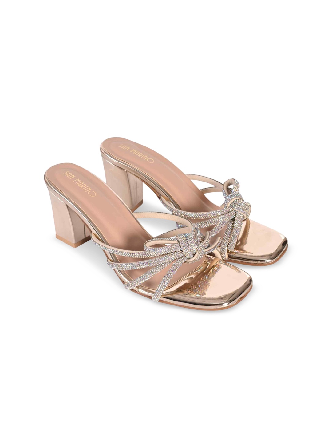 

San Marino by Shoe Bank Women Embellished Open Toe Block Sandals, Rose gold