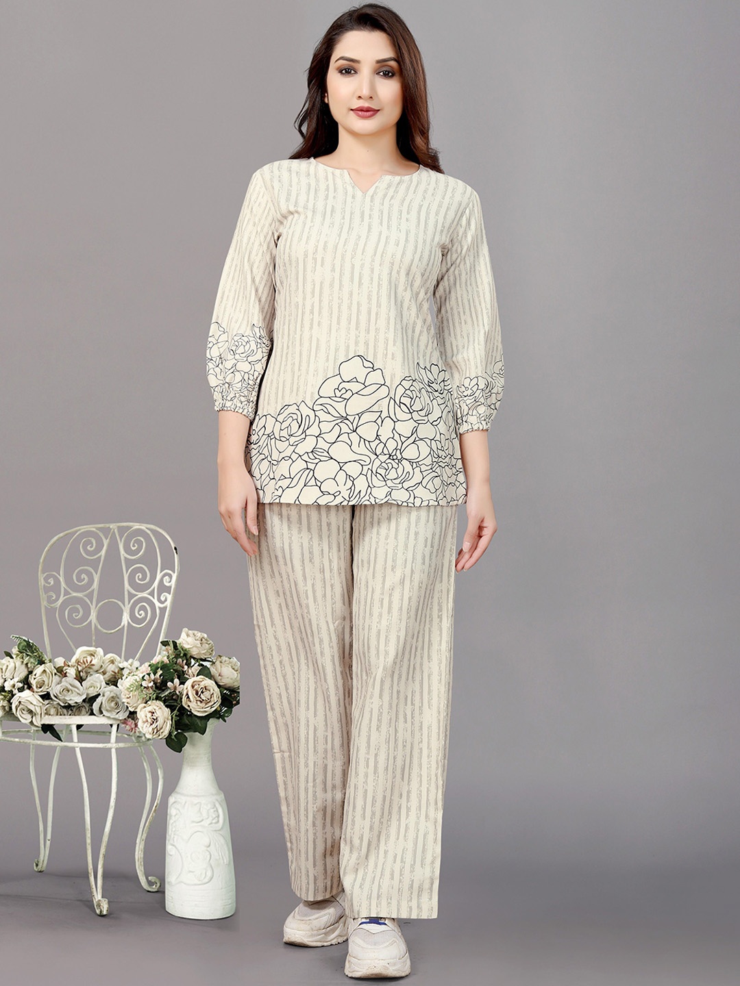 

Snowdrip Striped With Printed Top With Trouser Co-Ords, Cream