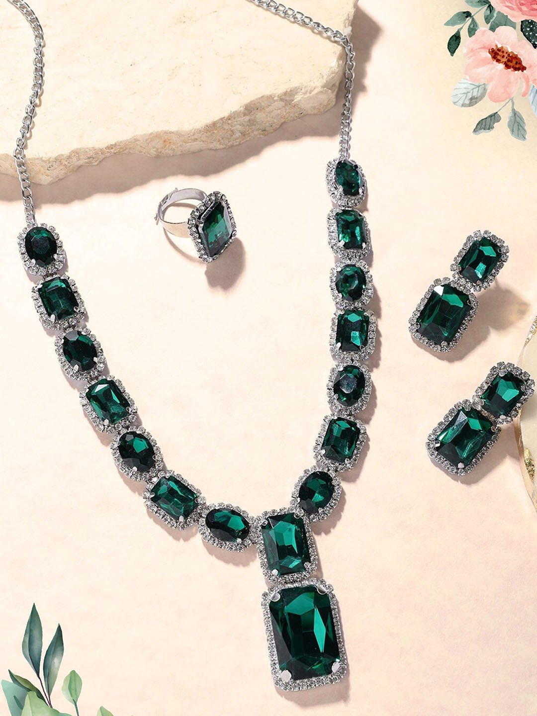 

ORANGENYSHA Rhodium Plated Crystal AD Gemstone-Studded Jewelry Set With Ring, Green