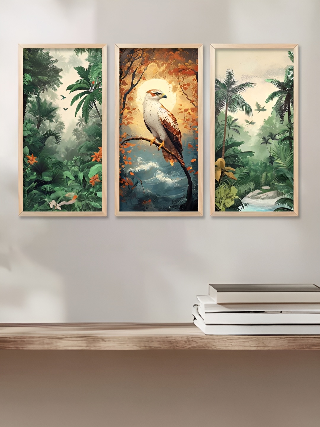 

WALLLANE Brown & Green 3 Piece Wood Floral and Botanical Wall Paintings