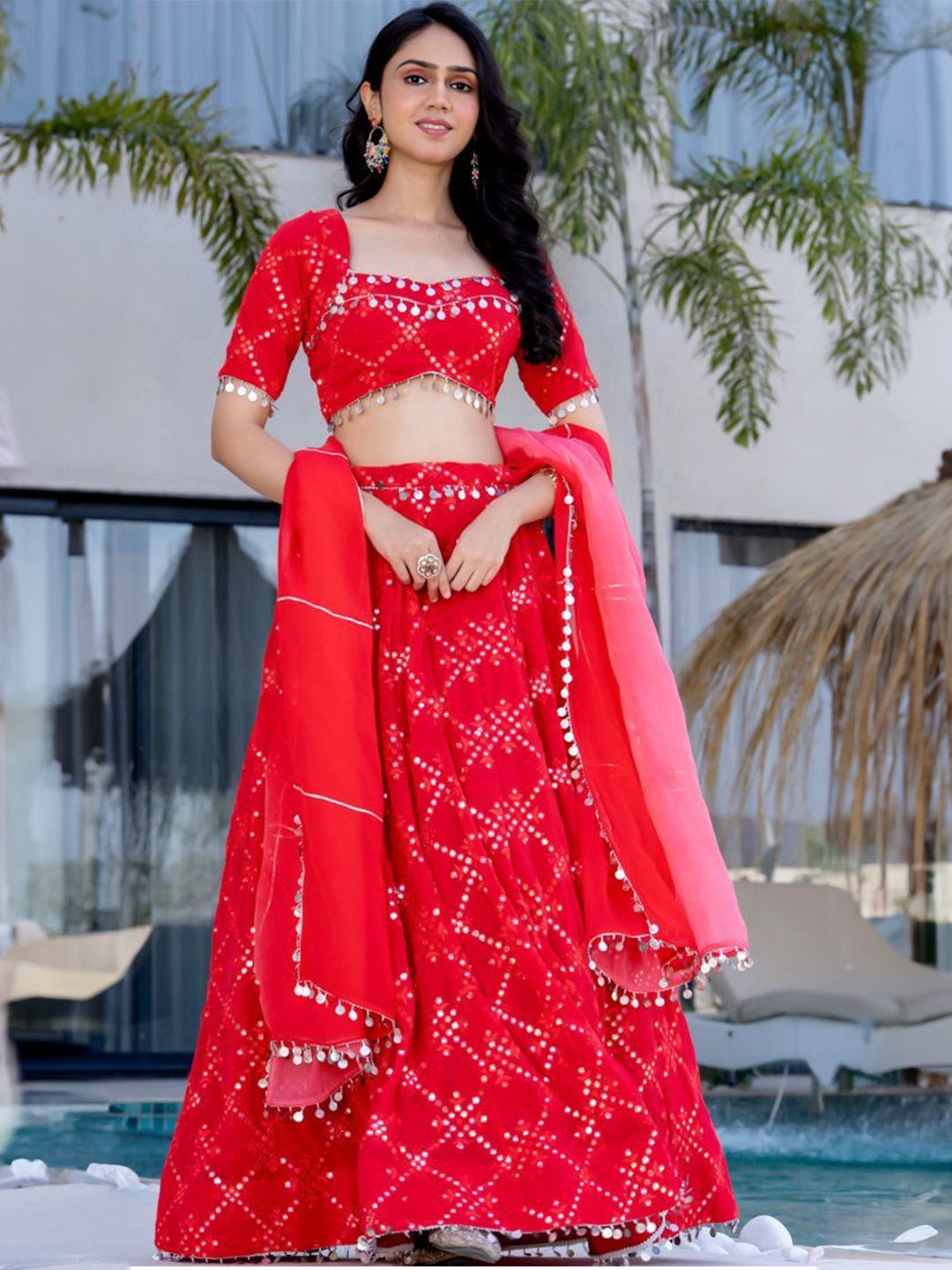 

HOUSE OF JAMOTI Embroidered Sequinned Ready to Wear Lehenga & Blouse With Dupatta, Red