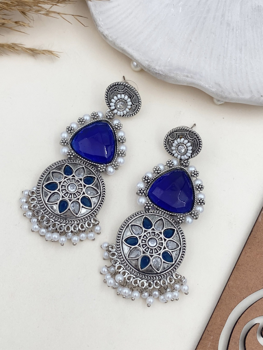 

Rare Bello Silver-Plated Artificial Stones Studded and Beaded Contemporary Drop Earrings