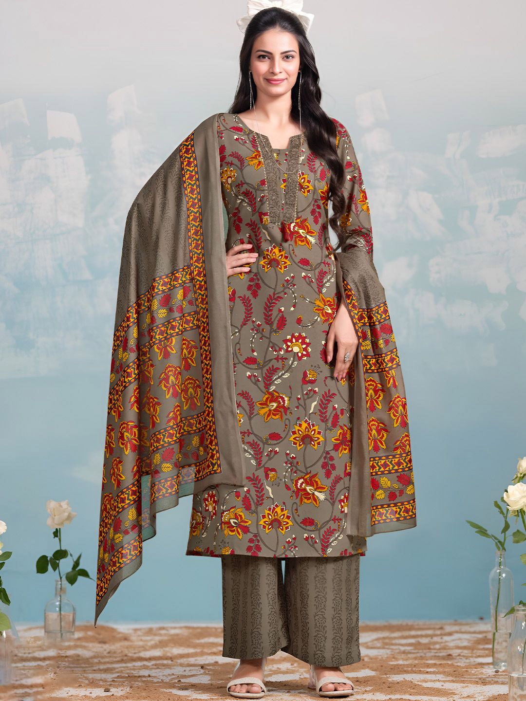 

Varanga Women Ethnic Motifs Printed Regular Kurta with Trousers & With Dupatta, Brown