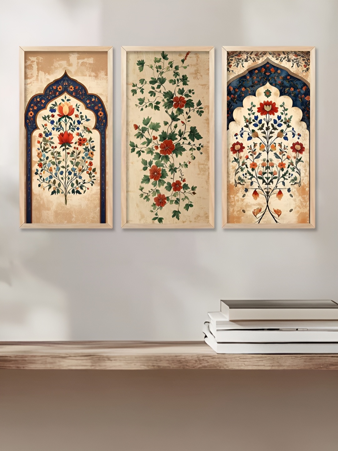 

WALLLANE Beige & Red 3 Piece Wood Floral and Botanical Wall Paintings