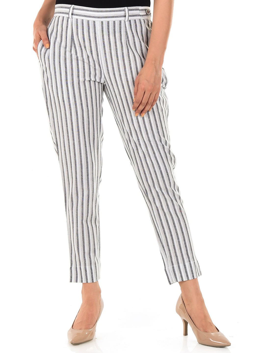 

ATARAH Striped Pure Cotton Trousers, Grey
