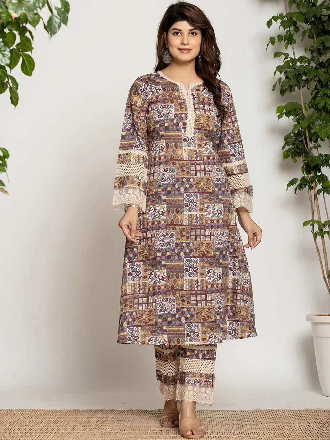 

MissKurti Women Ethnic Motifs Printed Regular Pure Cotton Kurta with Palazzos, Beige