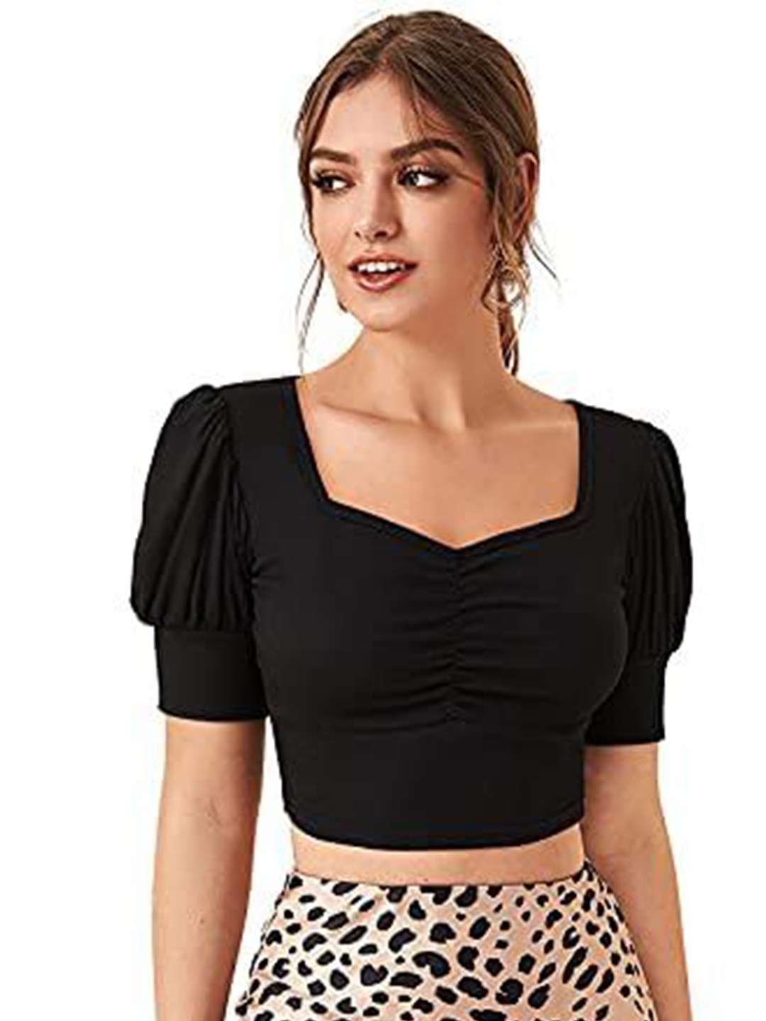 

Projas Women Sweetheart Neck Puff Sleeve Crop Top, Black