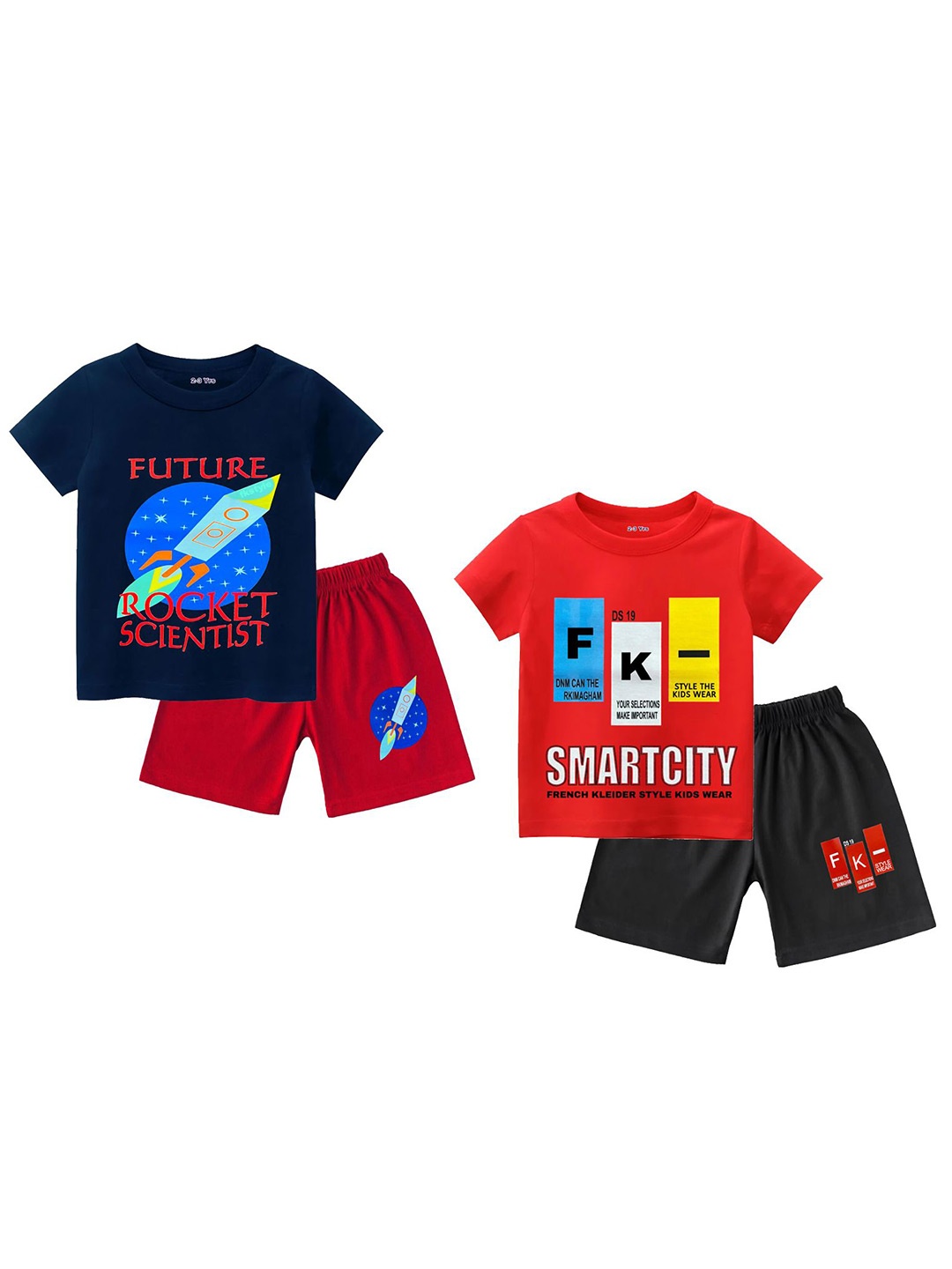 

FRENCH KLEIDER Infants Pack Of 2 Printed Round Neck Pure Cotton T-shirt With Shorts, Red