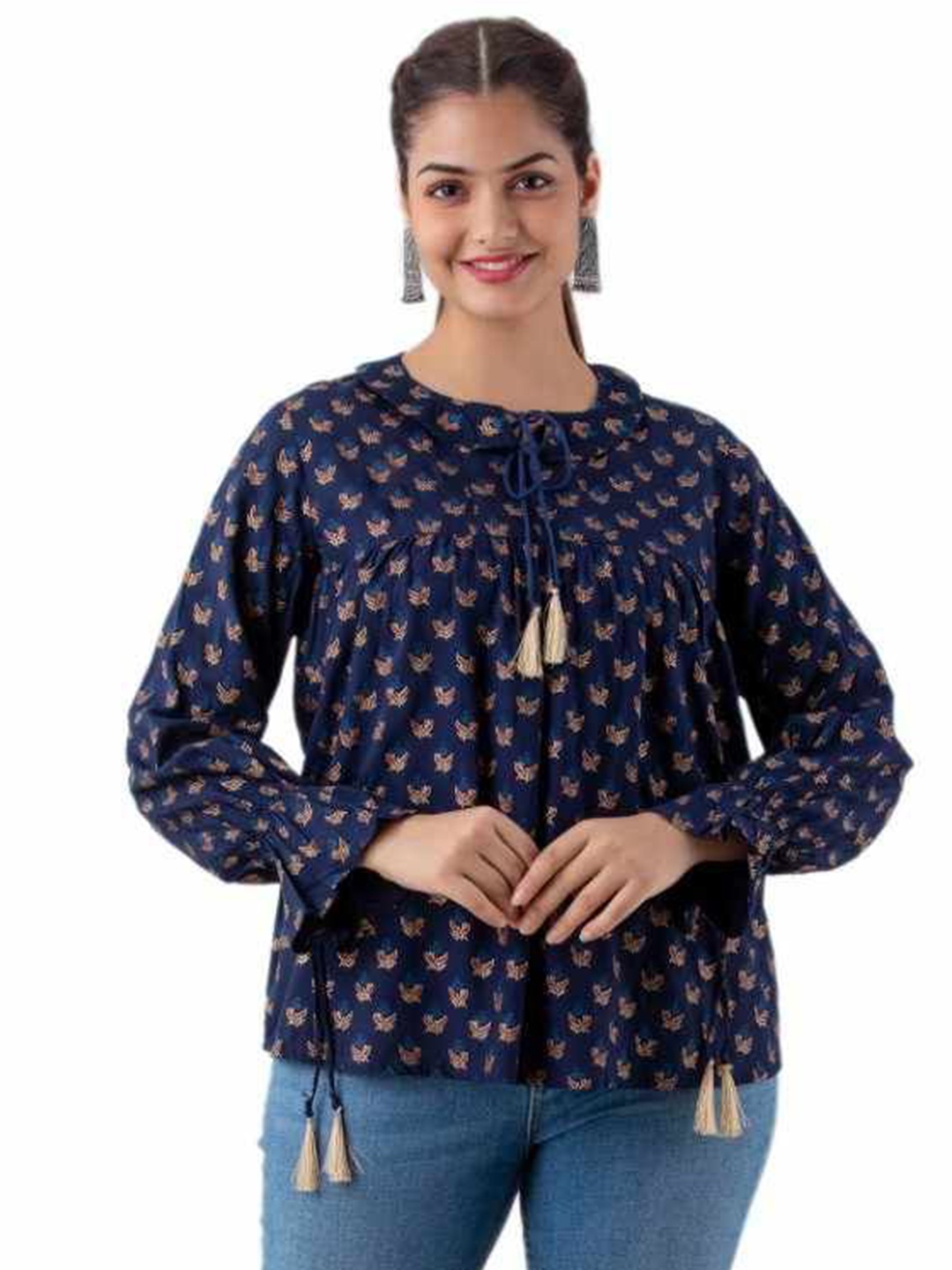 

DMP FASHION Floral Print Tie-Up Neck Top, Navy blue