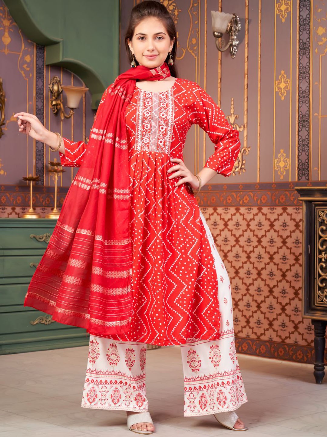 

BAESD Girls Printed Mirror Work Anarkali Kurta, Red