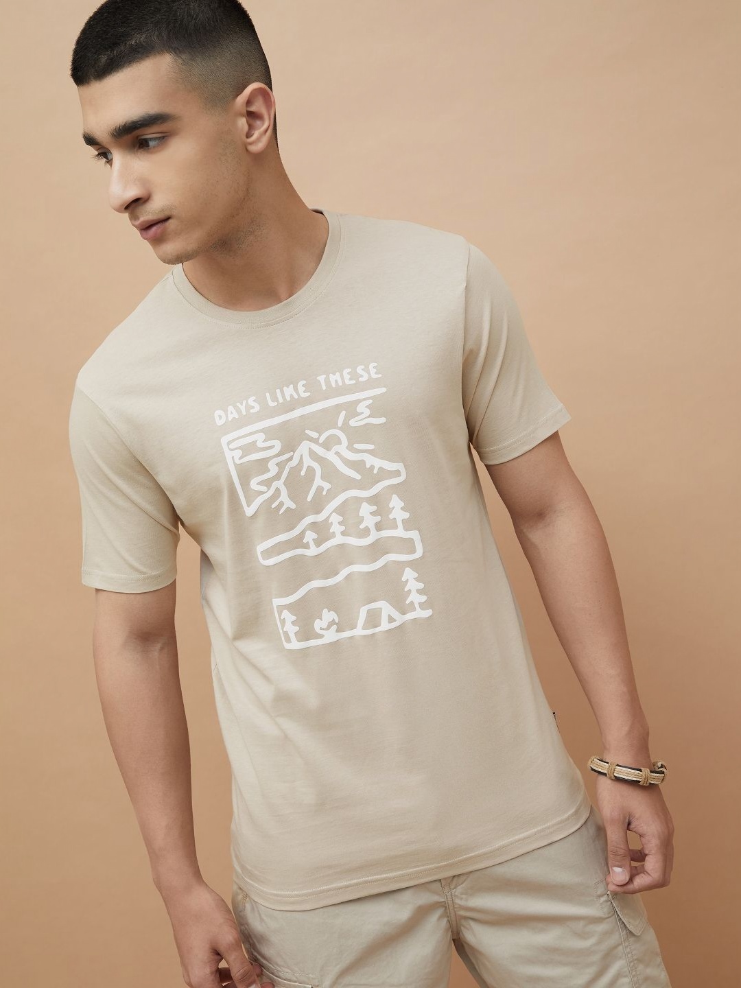 

Fame Forever by Lifestyle Men Typography Printed Raw Edge T-shirt, Beige