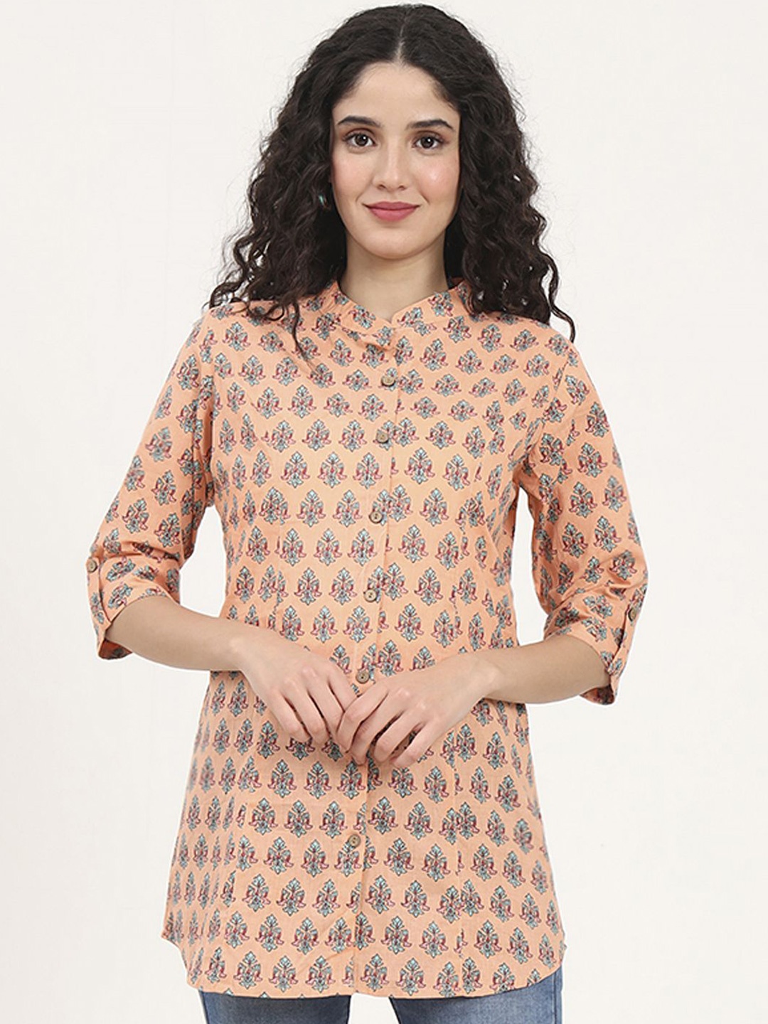 

KALINI Floral Print Mandarin Collar Roll-Up Sleeves Cotton Top, Orange