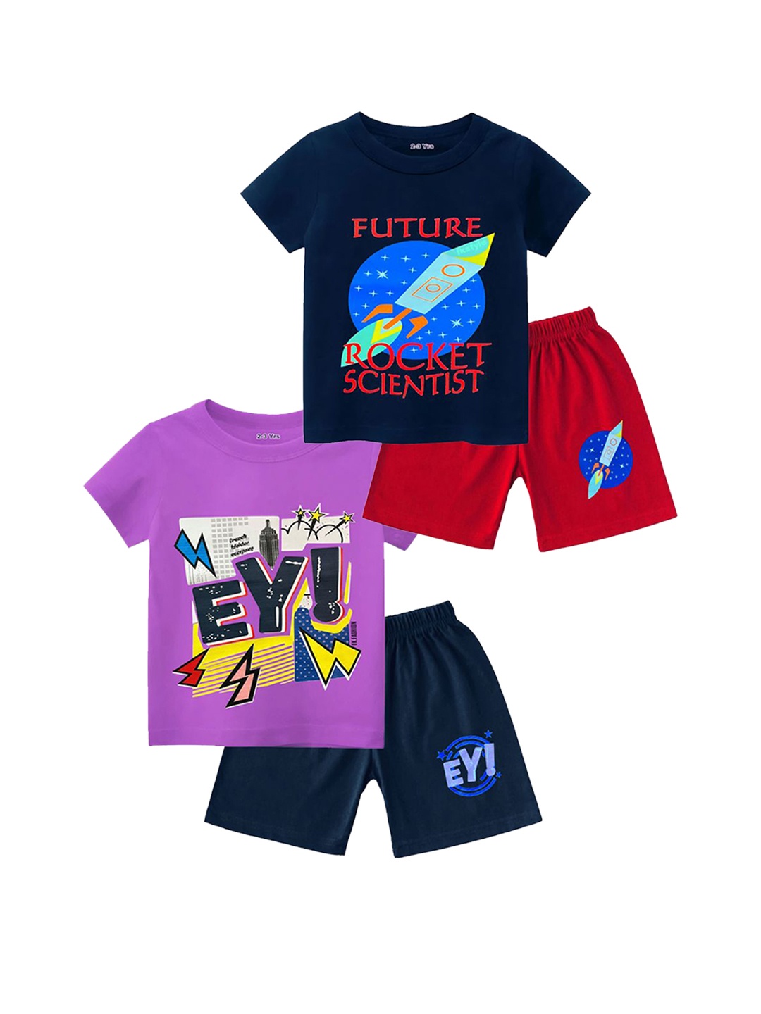 

FRENCH KLEIDER Boys Pack Of 2 Printed Round Neck Pure Cotton T-shirt With Shorts, Navy blue