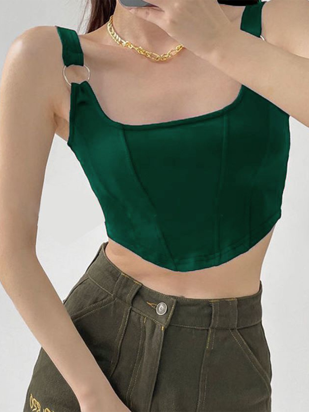 

Projas Women Square Neck Green Crop Top