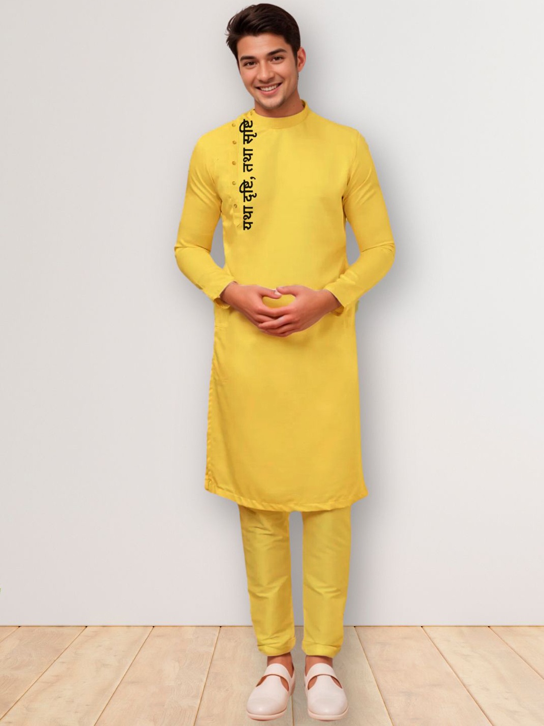 

DEVOILER Men Ethnic Motifs Printed Thread Work Kurta, Mustard