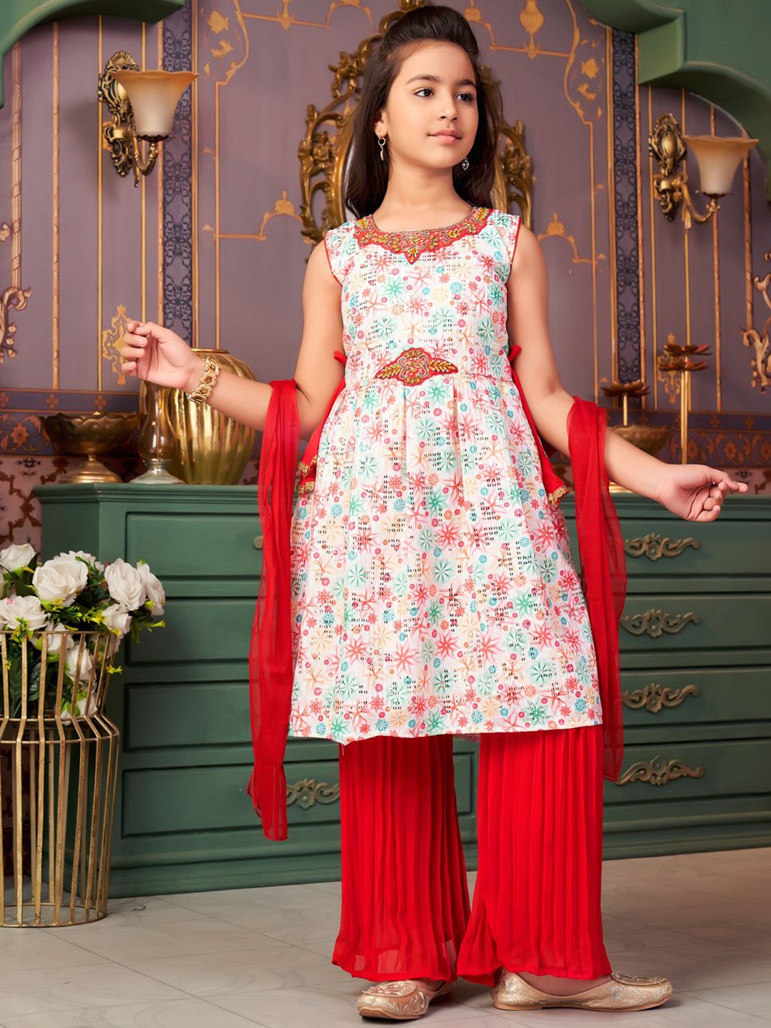 

Sangria Girls Embroidered Kurti Sharara Set With Dupatta, Red